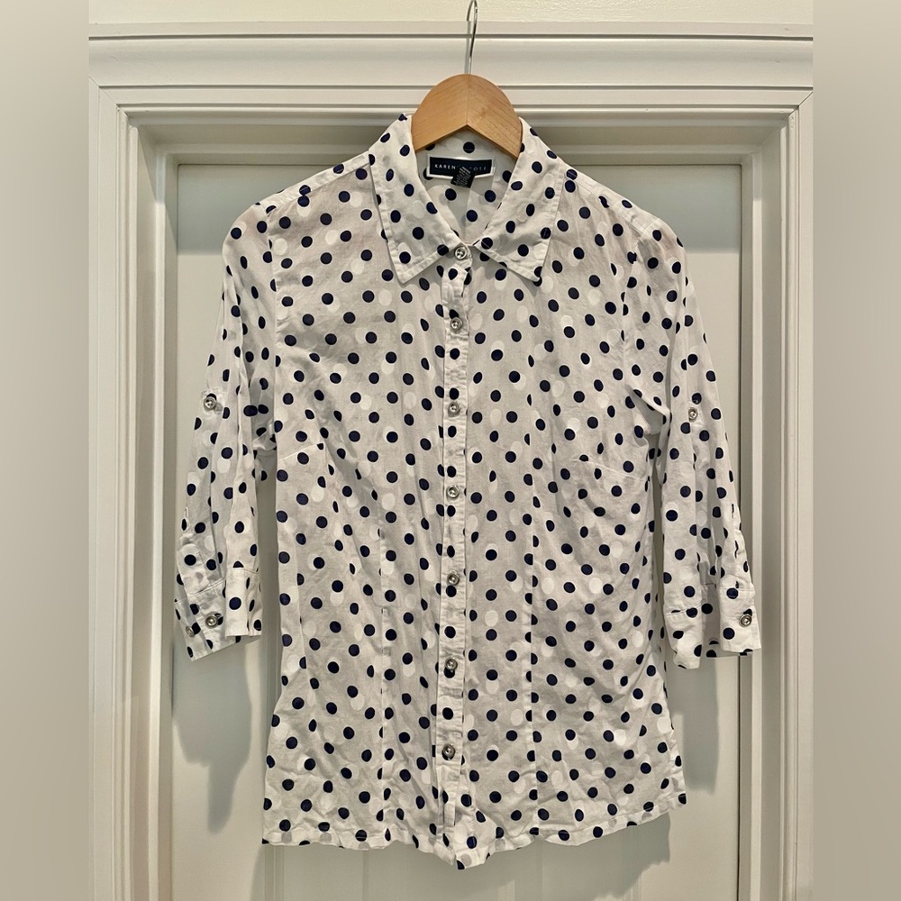 Karen Scott Women's Semi-Sheer White/Navy Polka Dot Button-Down 3/4 Sleeve Shirt